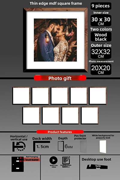 Bytwo 9 bucăți 30x30 cadru - cadru cu lamele subțiri - 2 culori lemn negru - cadru pătrat rame foto