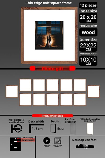 Bytwo 12 Pieces 20X20 Frame - Thin Slatted Frame - Wooden Frame - Square Frame - Photo Frame