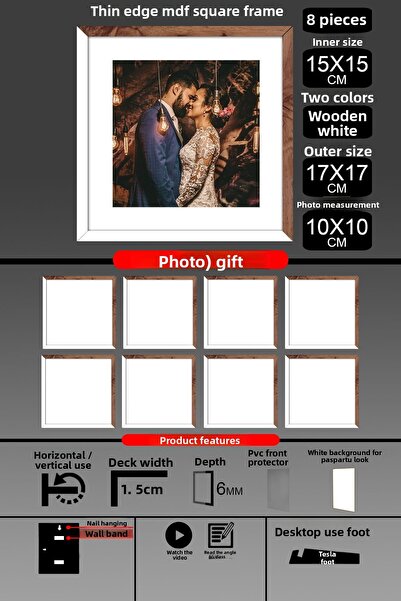 Bytwo 8 Pieces 15X15 Frame - Thin Slatted Frame - 2 Colors White Wood - Square Frame Photo Frame