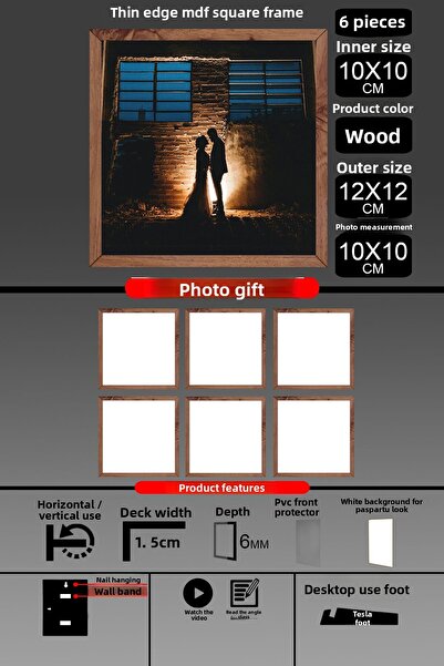 Bytwo 6 Pieces 10X10 Frame - Thin Slatted Frame - Wooden Frame - Square Frame - Photo Frame