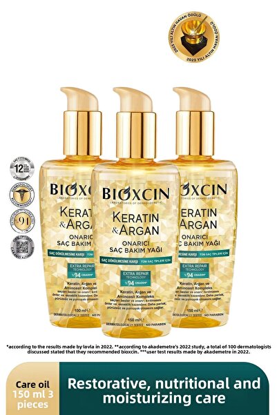 Bioxcin Keratin & Argan Repair Hair Care Oil 150 ml - Damaged and Sensitive Hair 3 Pack