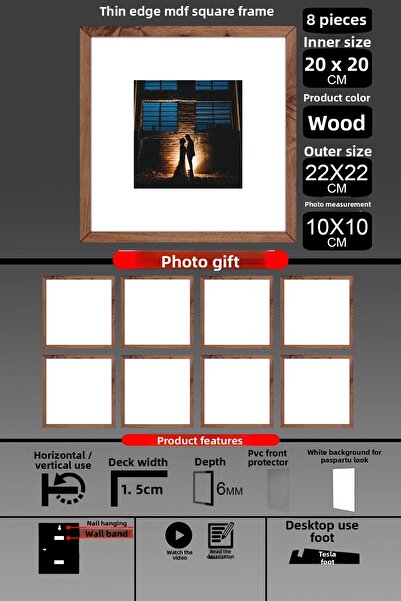 bymat 8 Pieces 20X20 Frame - Thin Slatted Frame - Wooden Frame - Square Frame - Photo Frame