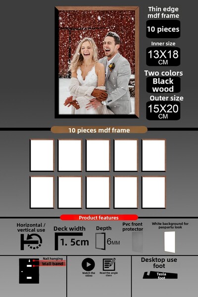 bymat 10Pcs 13X18 Frame - Thin Slatted Frame - 2 Colors Wood Black - 6mm Frame Photo Frame