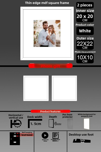 yhfoto 2 Pieces 20X20 Frame - Thin Slatted Frame - White Frame - Square Frame - Photo Frame