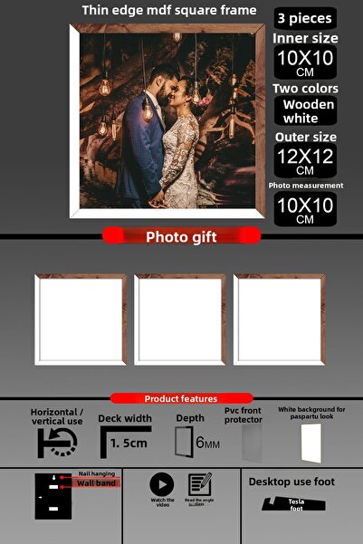 bymat 3Pcs 10X10 Frame - Fine Slatted Frame - 2 Colors White Wood- Square Frame Photo Frame