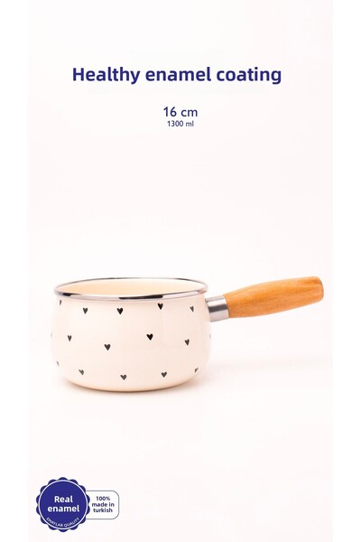 EMAYlab مقبض خشبي من الكوبيد الأسود، مقلاة صلصة المينا بنمط القلب، سعة 1.3 لتر