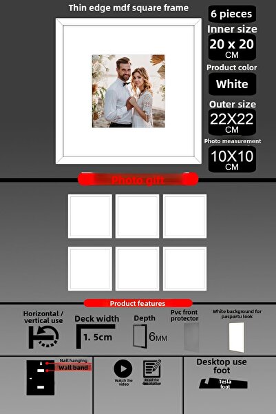 bymat 6 Pieces 20X20 Frame - Thin Slatted Frame - White Frame - Square Frame - Photo Frame