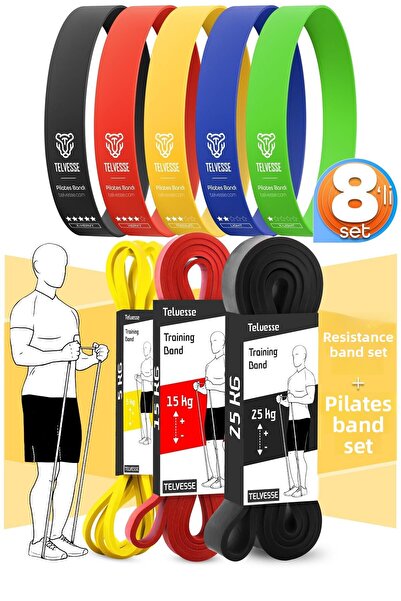 Telvesse 8-Piece Giga Set 5+15+25 kg + 5-Piece Pilates Resistance Band Dangle Rubber Loop Band Mix Tone