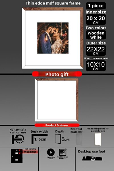yhfoto 1 Buc 20x20 Cadru - Cadru cu șipci subțiri - 2 Culori Lemn alb- Cadru pătrat Ramă foto