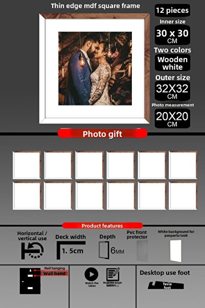 Bytwo 12 Pieces 30X30 Frame - Thin Slatted Frame - 2 Colors White Wood- Square Frame Photo Frame