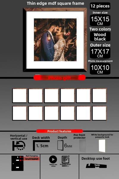 Bytwo 12 bucăți 15x15 cadru - cadru cu lamele subțiri - 2 culori lemn negru - cadru pătrat rame foto