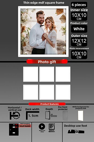 Bytwo 6 bucăți 10X10 cadru - cadru cu șipci subțiri - cadru alb - cadru pătrat - rama foto