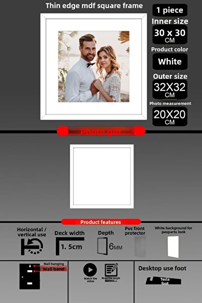 bymat 1 Piece 30X30 Frame - Thin Slatted Frame - White Frame - Square Frame - Photo Frame