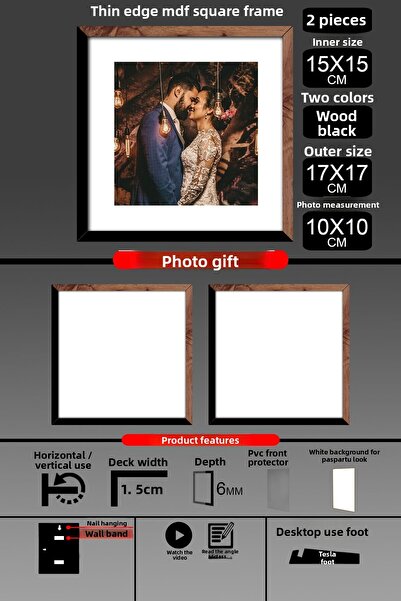 bymat 2 bucăți 15x15 cadru - cadru cu șipci subțiri - 2 culori lemn negru - cadru pătrat rame foto