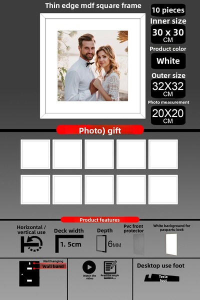 bymat 10 Pieces 30X30 Frame - Thin Slatted Frame - White Frame - Square Frame - Photo Frame