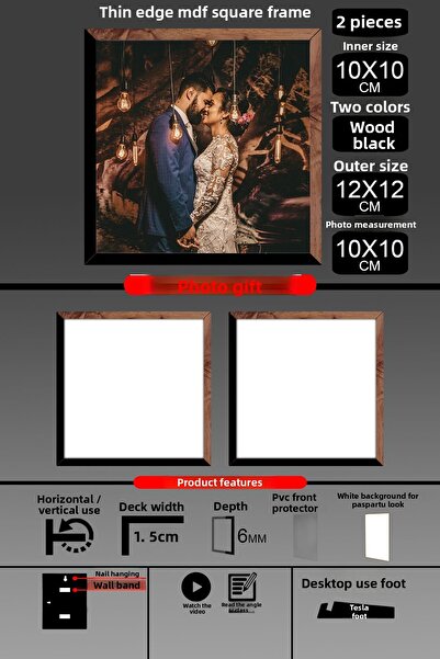 Bytwo 2Pcs 10X10 Frame - Fine Slatted Frame - 2 Colors Wood Black - Square Frame Photo Frame