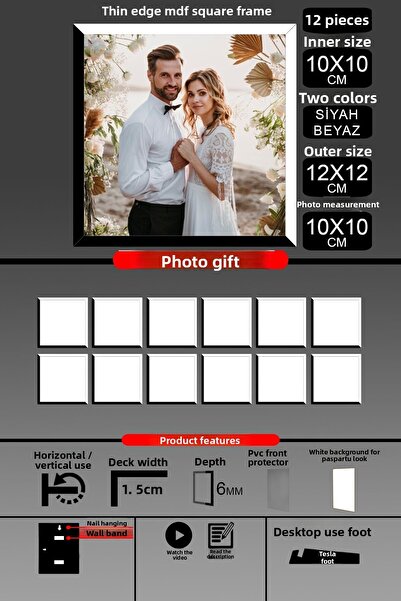bymat 12Pcs 10X10 Frame - Fine Slatted Frame - 2 Colors Black White - Square Frame Photo Frame