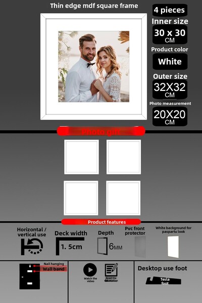 bymat 4 Pieces 30X30 Frame - Thin Slatted Frame - White Frame - Square Frame - Photo Frame