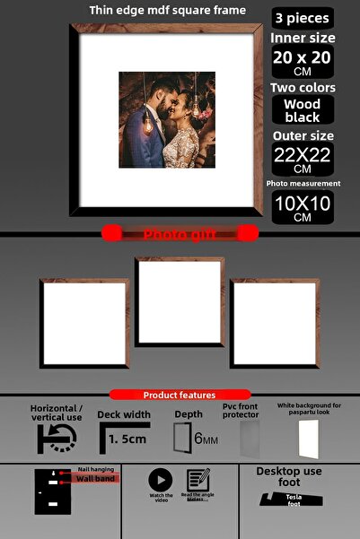 Bytwo 3 bucăți 20x20 rame - rame subțiri - 2 culori lemn negru - rame pătrate rame foto