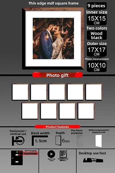 Bytwo 9 bucăți 15x15 rame - rame cu șipci subțiri - 2 culori lemn negru - rame pătrate rame foto