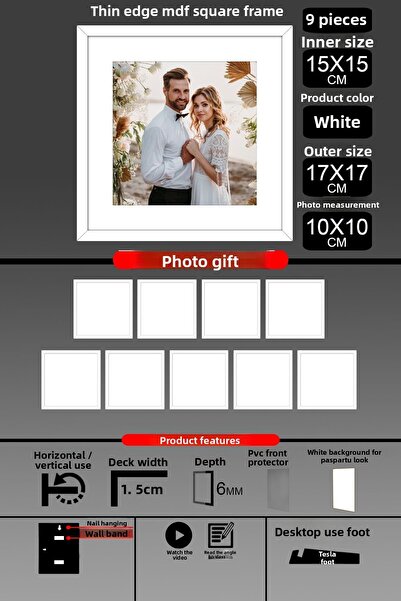 bymat 9 Pieces 15X15 Frame - Thin Slatted Frame - White Frame - Square Frame - Photo Frame