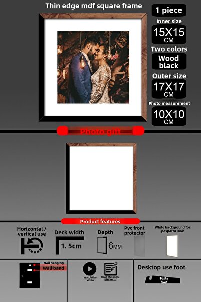 yhfoto 1 Buc 15x15 Cadru - Cadru cu șipci subțiri - 2 Culori Lemn Negru - Cadru Fotografie Cadru pătrat