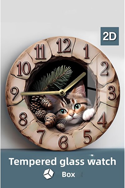 kutuTR ساعة من الزجاج المقوى بتصميم قطة لطيفة - 33x33 سم CSDW007