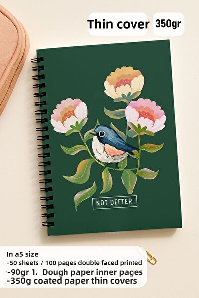 Eldesen Tasarım A5 Spiral Checkered School Notebook, 50 Sheets 100 Pages, Cardboard Cover Notepad, Green Bird