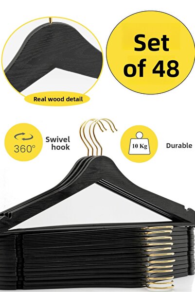 ARCH 48 قطعة من شماعات الملابس البلاستيكية ذات المظهر الخشبي الأسود مع خطاف ذهبي