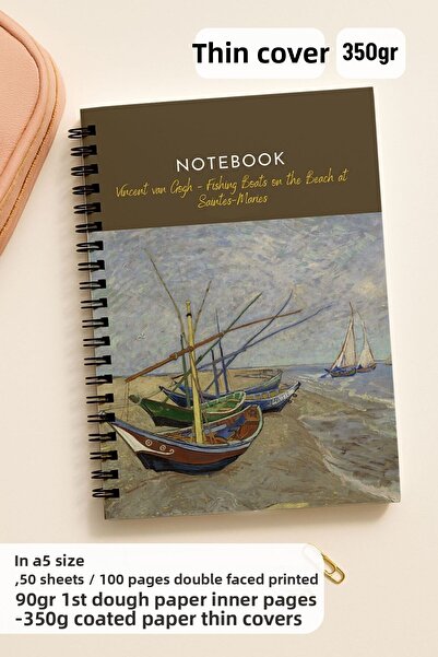 Eldesen Tasarım Van Gogh A5 Spiral Checkered School Notebook, 50 Sheets 100 Pages, Cardboard Cover Notebook, Boats