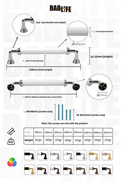 bablife Melis 224mm, alb-crom, metal, sertar de lux, dulap, mânere de mobilier cu toate opțiunile de culoare