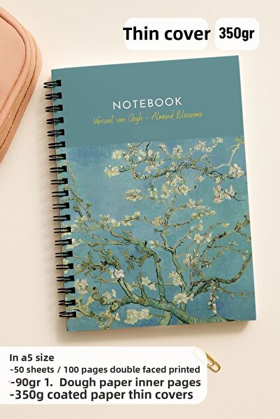 Eldesen Tasarım دفتر مدرسي منقط حلزوني مقاس A5 من فان جوخ، 50 ورقة 100 صفحة، دفتر ملاحظات بغطاء من الورق المقوى، لون اللوز