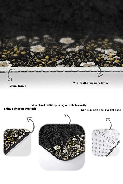 Realhomes White and Gold Floral Patterned Black Floor 2-Piece Non-Slip Base Washable Bath Mat Set