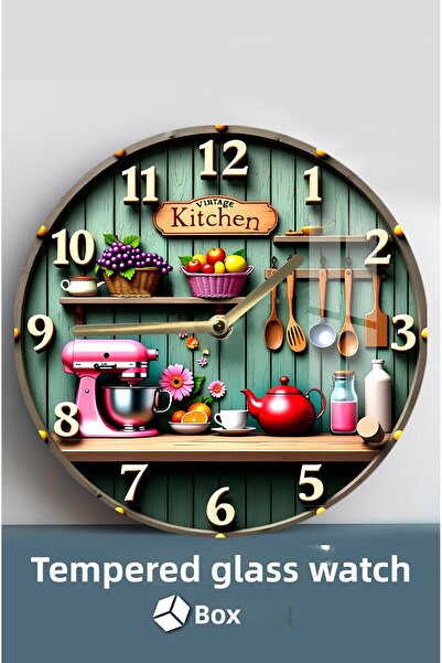 kutuTR Vintage Kitchen Themed Tempered Glass Clock – 33X33 cm Csdw350
