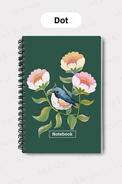 Eldesen Tasarım A5 Spiral Dotted School Notebook, 50 Sheets 100 Pages, Cardboard Cover Notepad, Green Bird