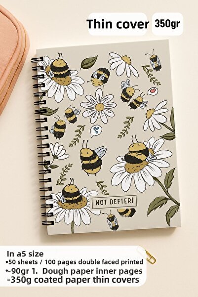 Eldesen Tasarım A5 Spiral Dotted School Notebook, 50 Sheets 100 Pages, Cardboard Cover Notepad, with Bee