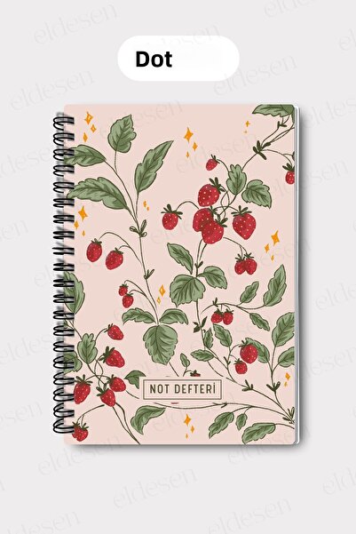 Eldesen Tasarım A5 Spiral Dotted School Notebook, 50 Sheets 100 Pages, Cardboard Cover Notepad, Pink Strawberry