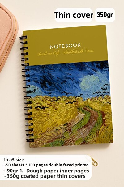 Eldesen Tasarım Van Gogh A5 Spiral Dotted School Notebook, 50 Sheets 100 Pages, Cardboard Cover Notebook, Crows