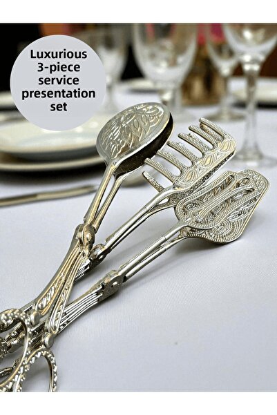 CHANCE GİFT Luxury 3-Piece Tongs Serving Presentation Set Metal Serving Spoon/Serving Tongs/Serving Fork for Stylish Tables