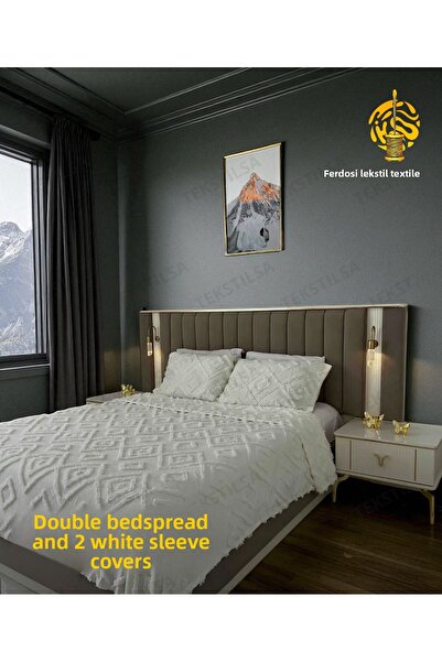 Tekstilsa Scandinavian Double Bedspread 240 X 250 cm and 2 Pillows Ecru