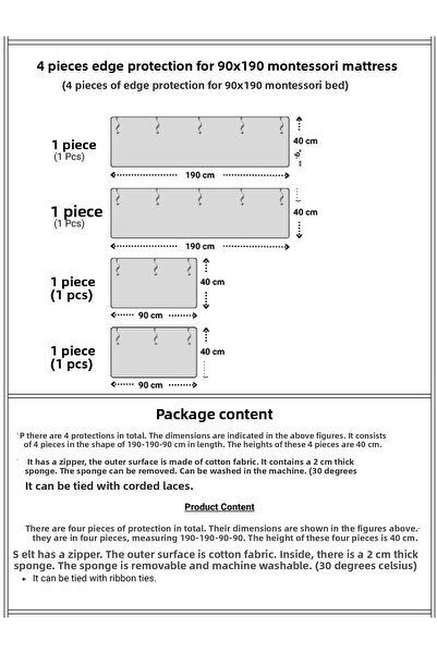 Bebek Özel Baby Kids Crib Edge Protection 90x190 For Montessori (4 Pieces) Nature Gray Patterned