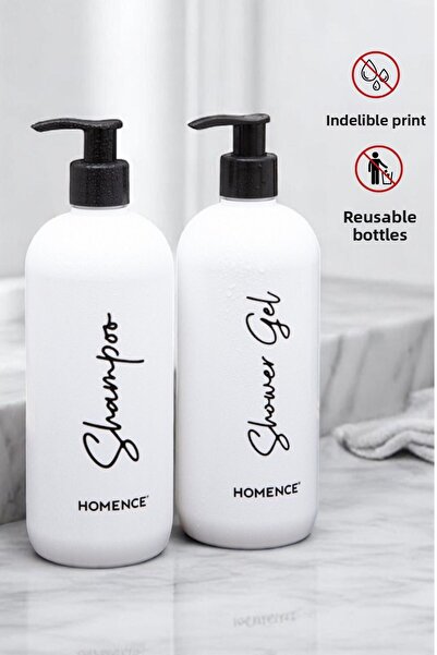 homence 2-Piece Shampoo Shower Gel Printed Plastic Bottle Bathroom Set White Soap Dispenser 500 ml