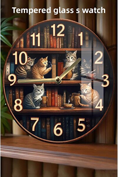 kutuTR ساعة من الزجاج المقسى بتصميم ثلاثي الأبعاد على شكل قطة لطيفة مع تصميم مكتبة - 33 سم CSDW018