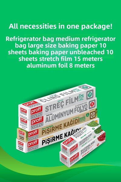grimorlife 6-Piece Eco Pack - Baking Papers, Aluminum Foil, Stretch Film, Medium and Large Size Refrigerator Bags