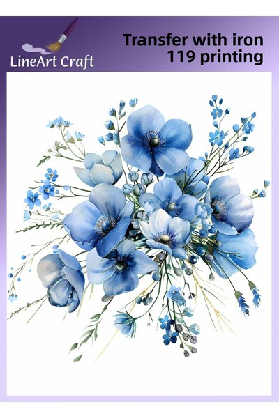 LİNEART Blue Flower Patterned Iron-On Transfer Printing & Fabric Transfer No:...