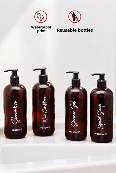 homence 4-Piece Shampoo Shower Gel Conditioner Liquid Soap Printed Plastic Bottle Bathroom Set Amber Soap Dispenser 500 ml
