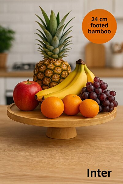 İnterlife Round Bamboo Stand Footed Cake Fruit Cheese Presentation Serving Plate 24 cm