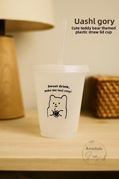 Anadolu Saray Cute Plastic Teddy Bear Themed Cup with Straw and Lid | Bpa Free | Coffee and Cold Drink Presentation