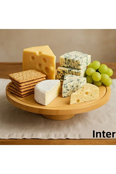 İnterlife Round Bamboo Stand Footed Cake Fruit Cheese Presentation Serving Plate 24 cm