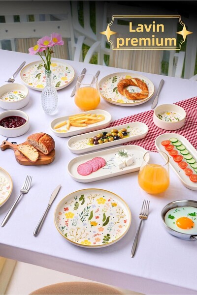 YzHome 14 Piece Porcelain Breakfast Set for 6 People Breakfast Presentation Set Plate Plate